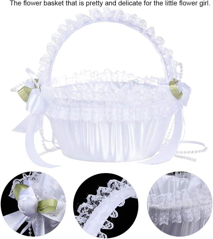 Modern Luxury Ivory Lace and Polyester Flower Girl Basket with Handle