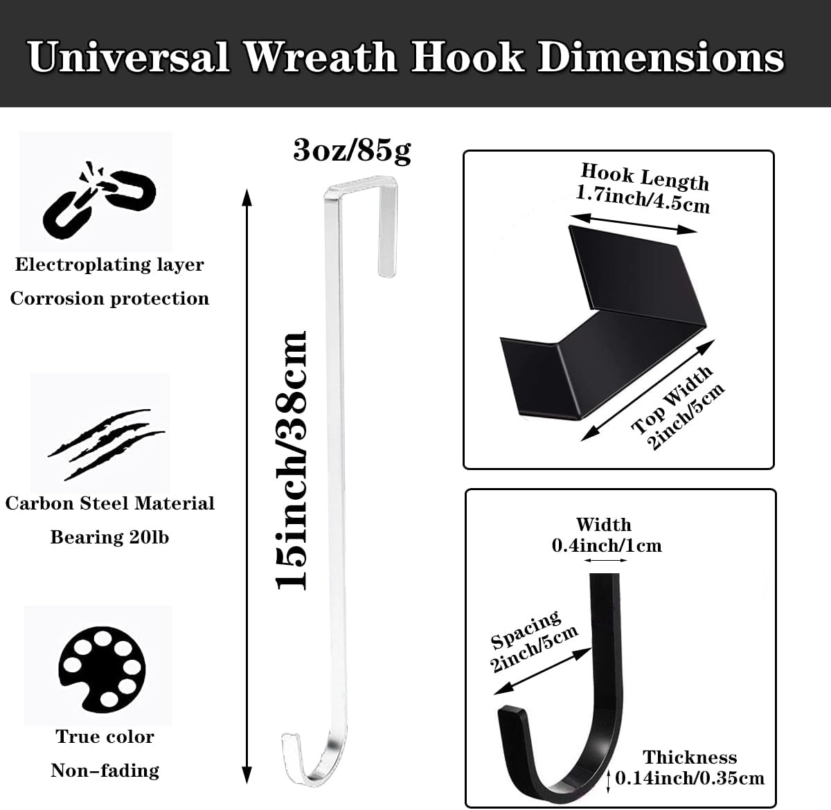 Osgow 15 Inch Wreath Hanger Steel Door Hook White