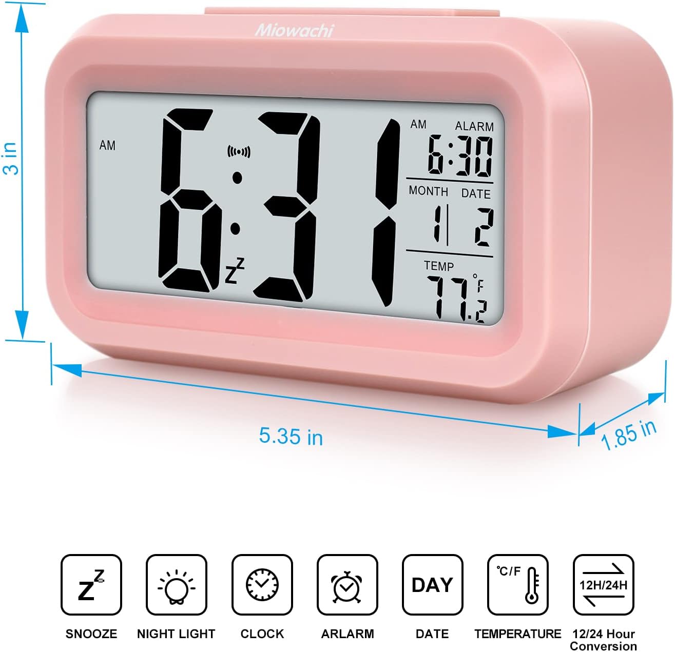 Miowachi Pink Digital Alarm Clock with Night Light and Snooze