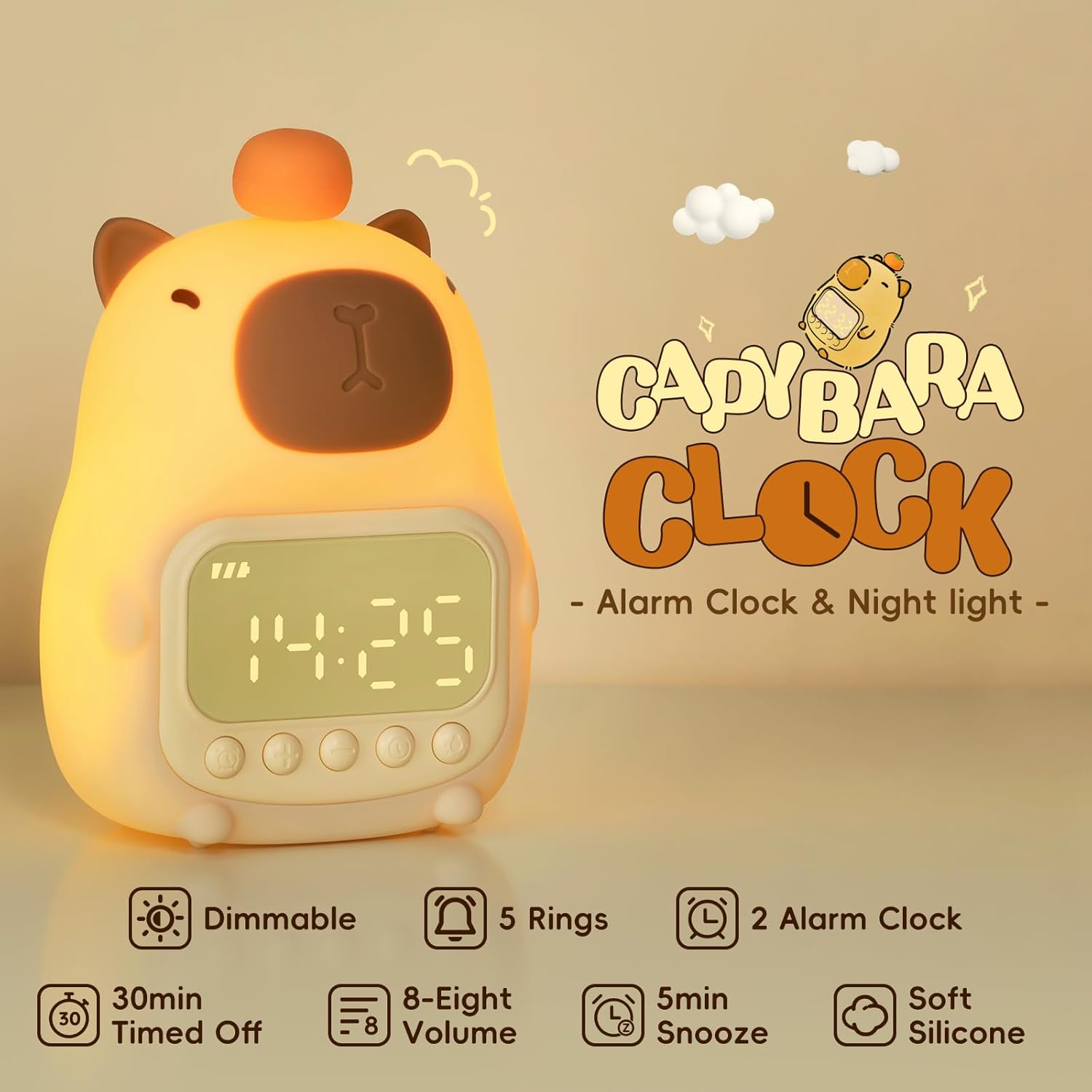 Capybara Alarm Clock with Night Light for Kids