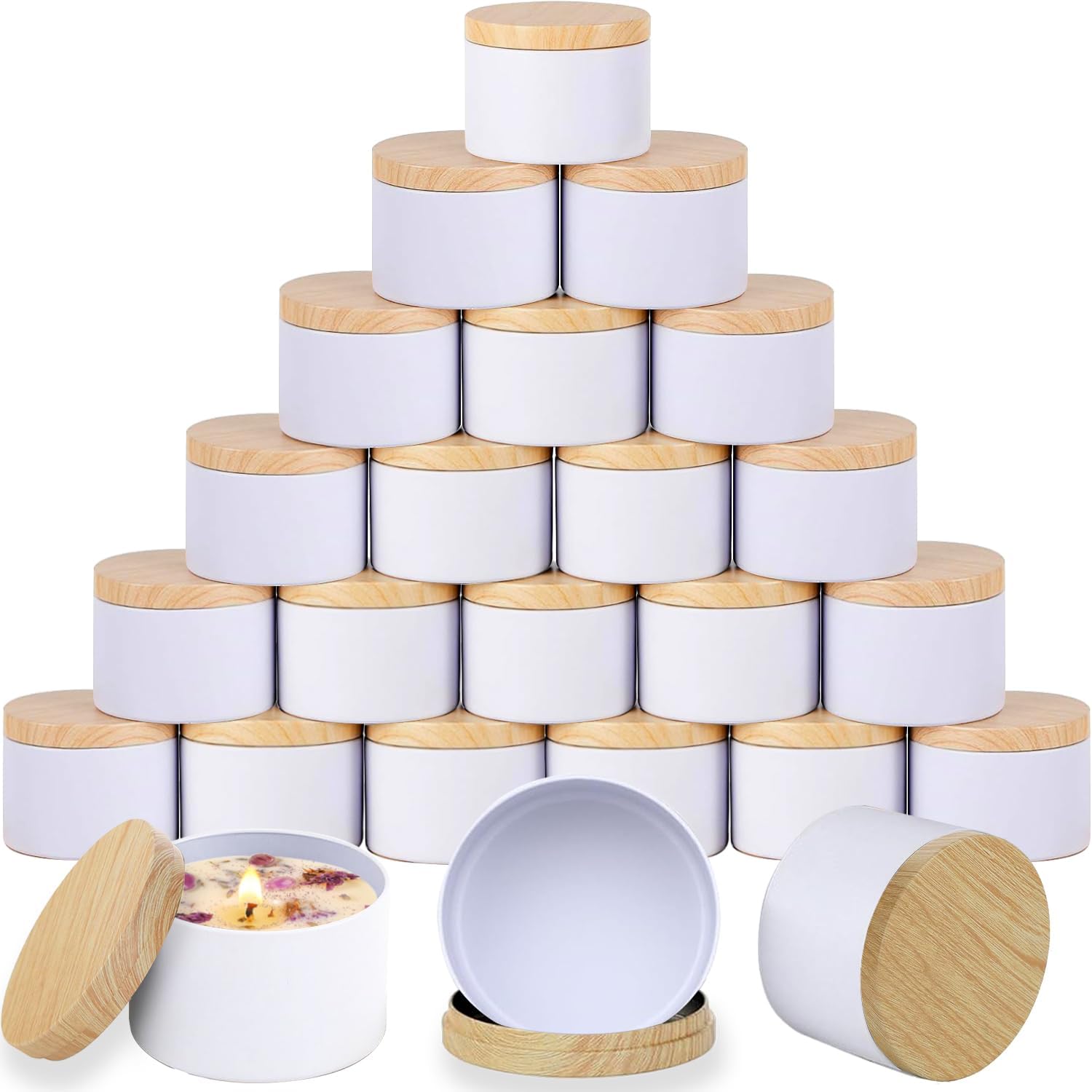 ABK 4oz White Candle Tins 24PCS Matte Metal Jars With Wood Grain Lids