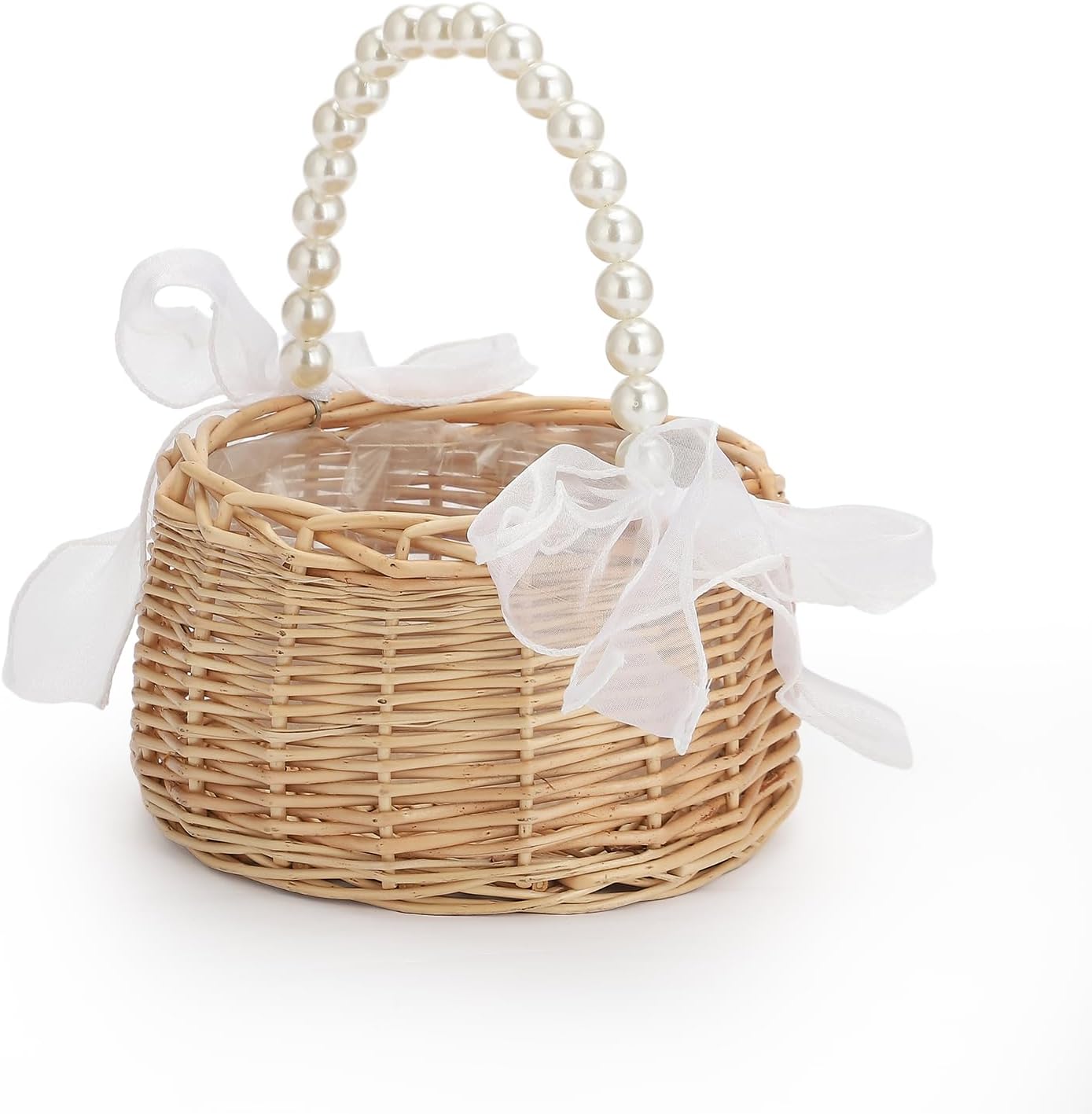 Wicker Rattan Flower Girl Basket with Pearl Handle