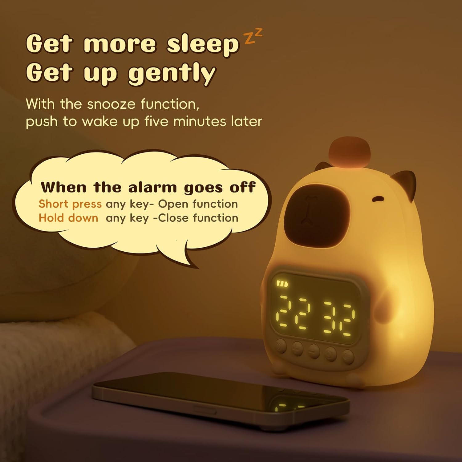 Capybara Alarm Clock with Night Light for Kids