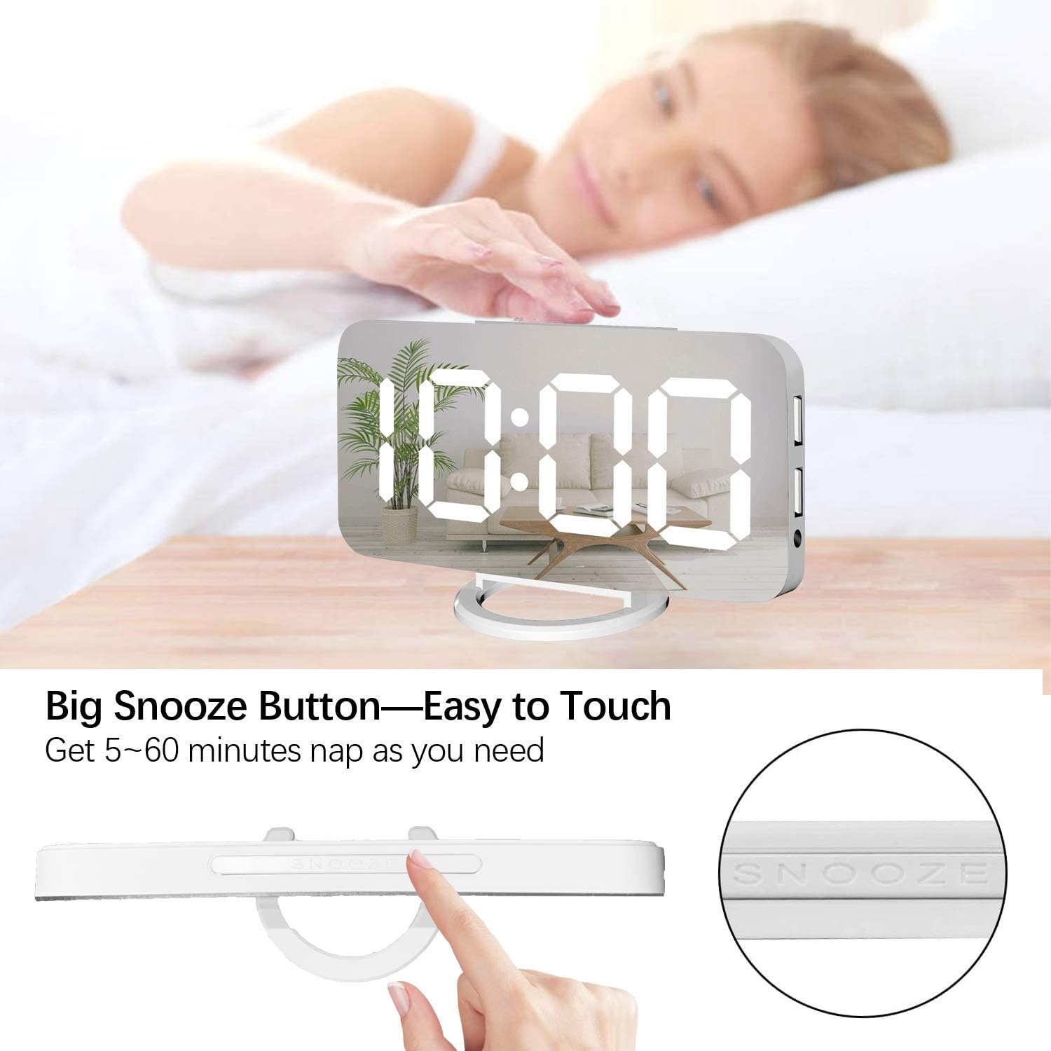 Miowachi White Digital Alarm Clock with LED Mirror