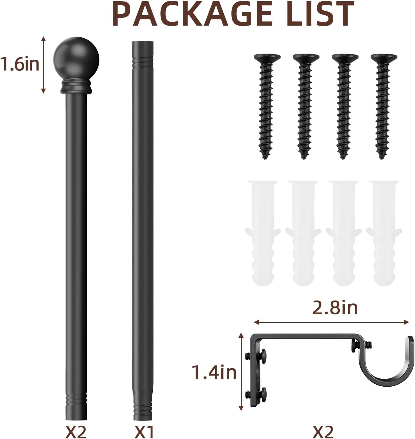 Black Curtain Rods 28-48 Inch 3 Section Set with Brackets