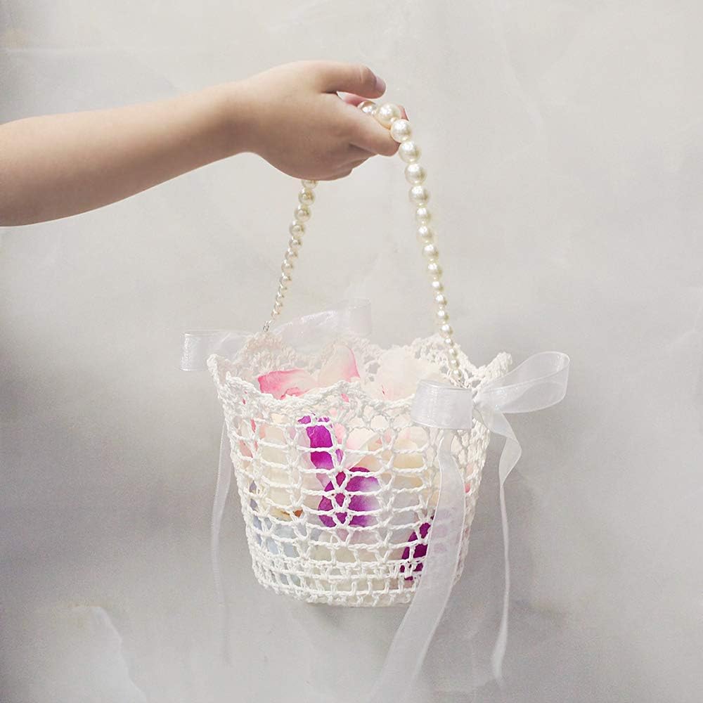 Lapuda Ivory Flower Girl Basket with Tulle and Pearls
