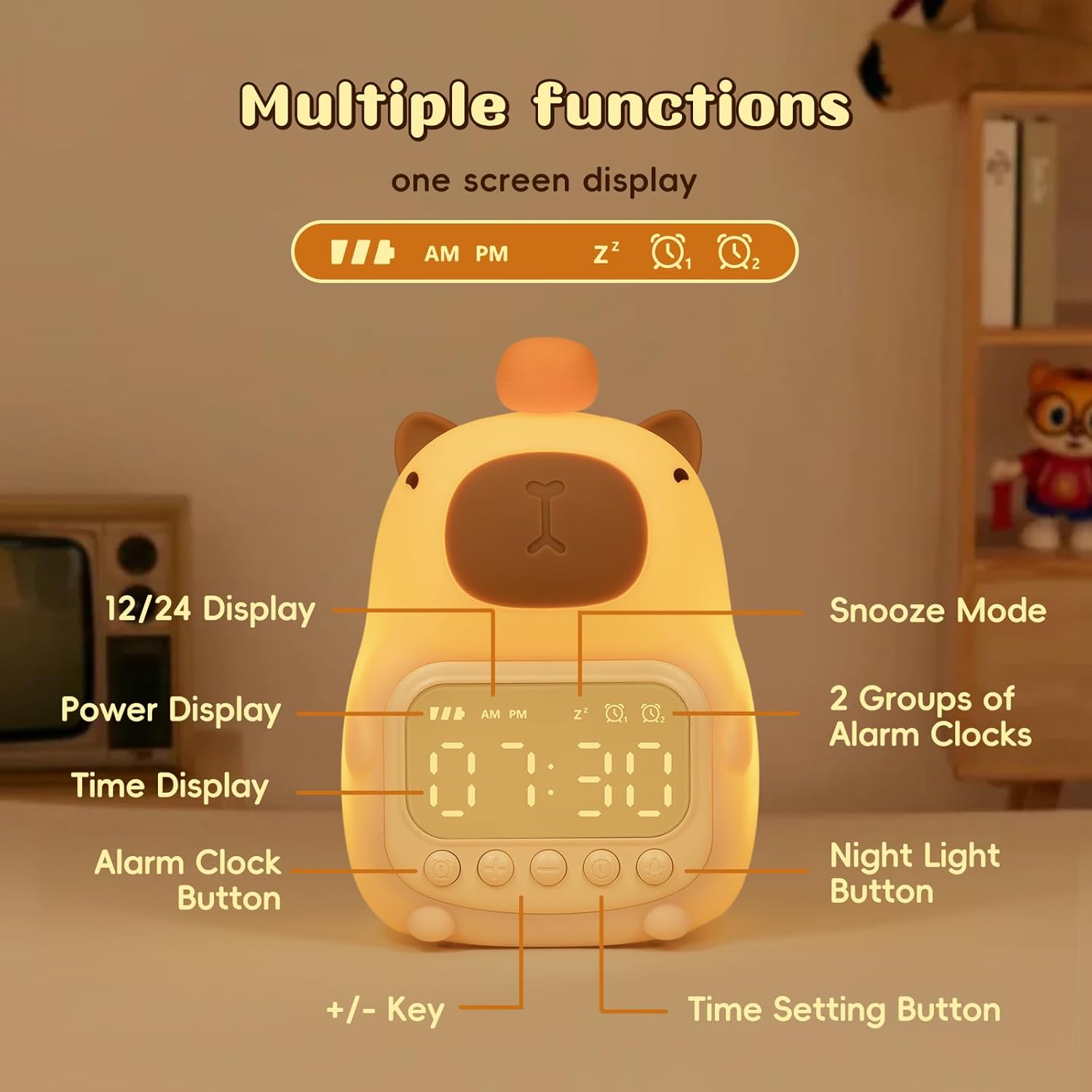 Capybara Alarm Clock with Night Light for Kids
