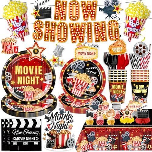 157pcs Movie Night Supplies Set with Plates and Tablecloths