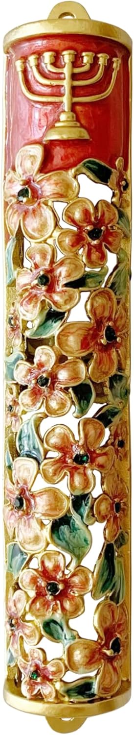 Hand Painted Mezuzah with Menorah and Pomegranate Motifs