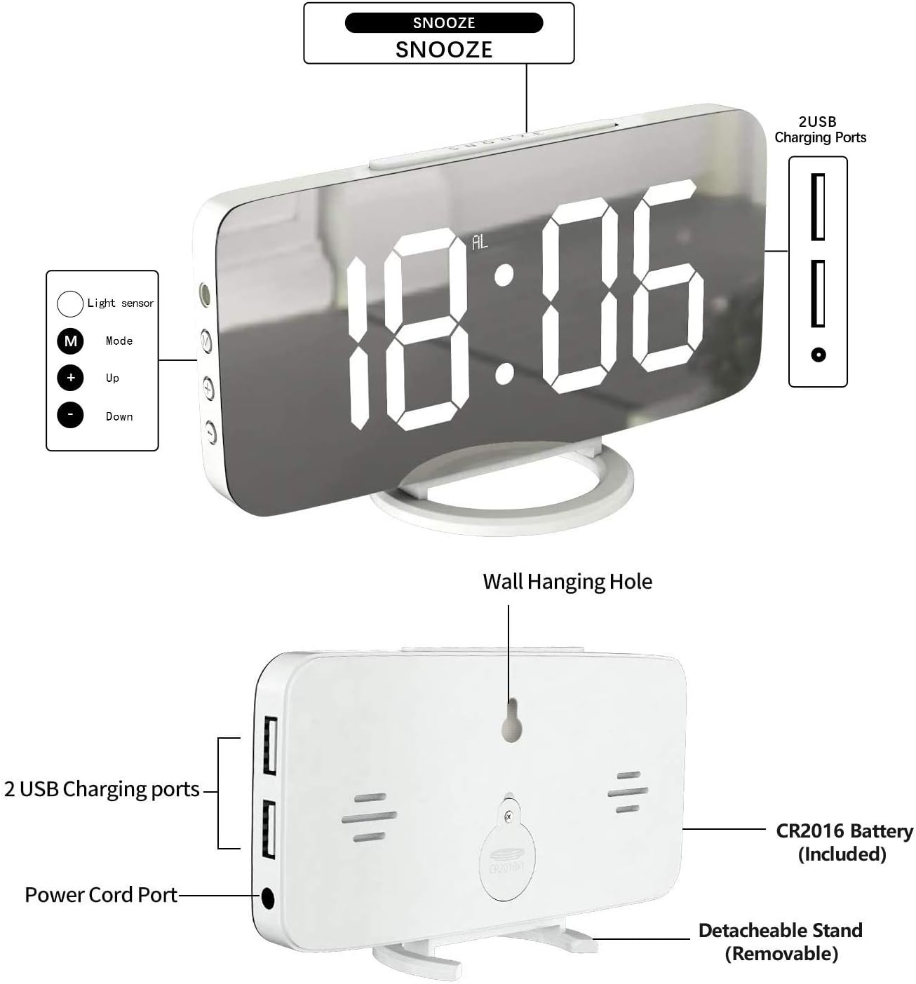 Miowachi White Digital Alarm Clock with LED Mirror