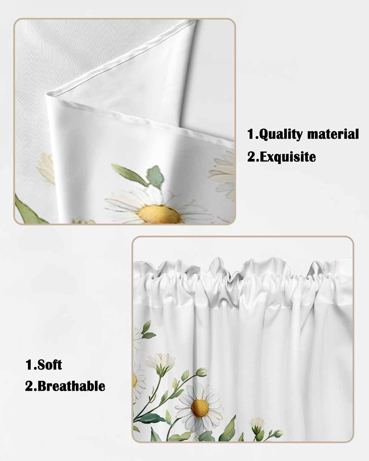 Spring White Daisy Valance Curtains Set for Kitchen and Bedroom