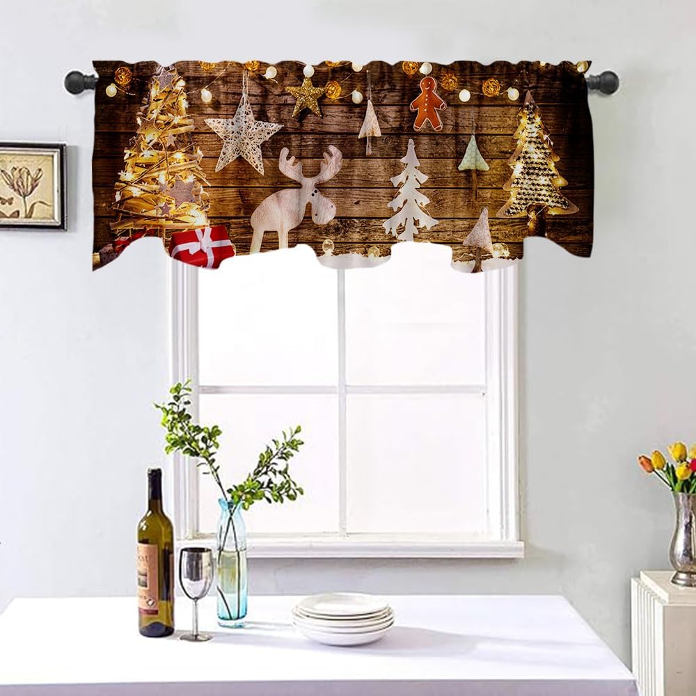 54x18 Inch Christmas Cartoon Window Valance with Xmas Tree and Elk Design