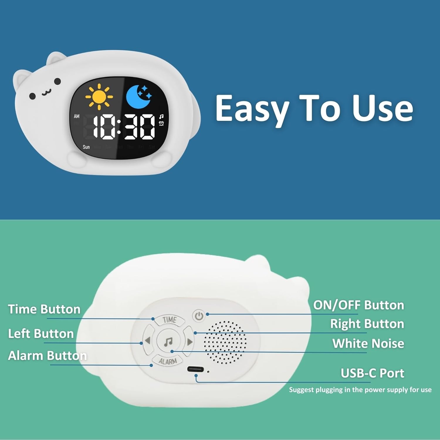 Kids Alarm Clock with Night Light and White Noise