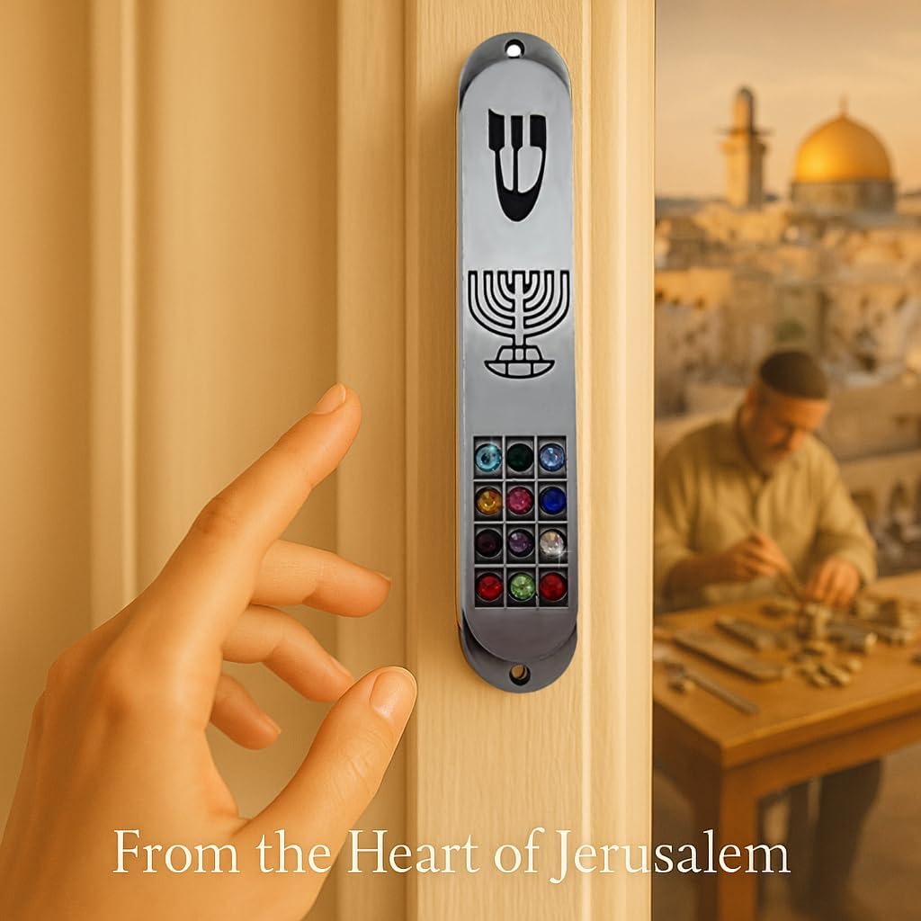 Pewter Mezuzah with Scroll and Hoshen Design
