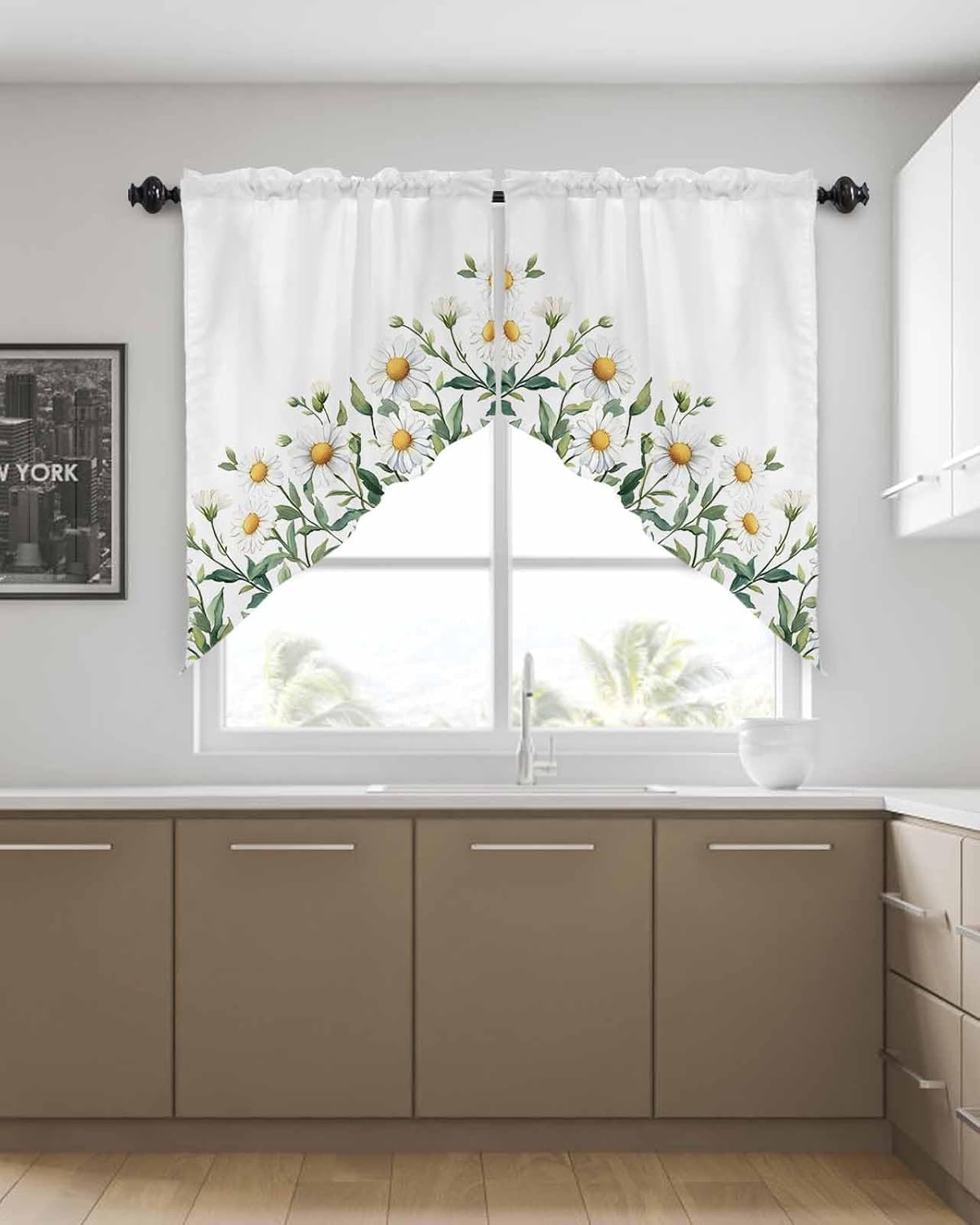 Spring White Daisy Valance Curtains Set for Kitchen and Bedroom