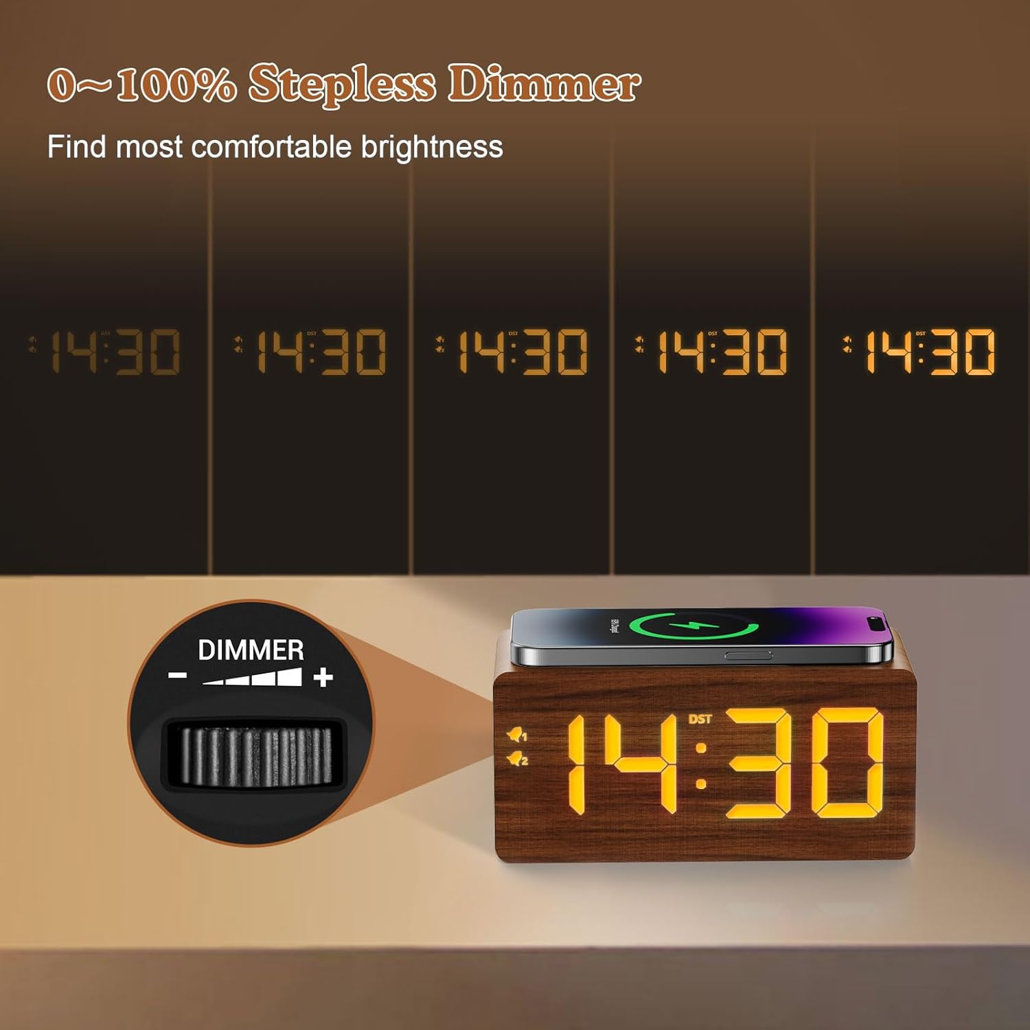 URAYCO Wood Digital Alarm Clock with 10W Wireless Charger and USB Ports