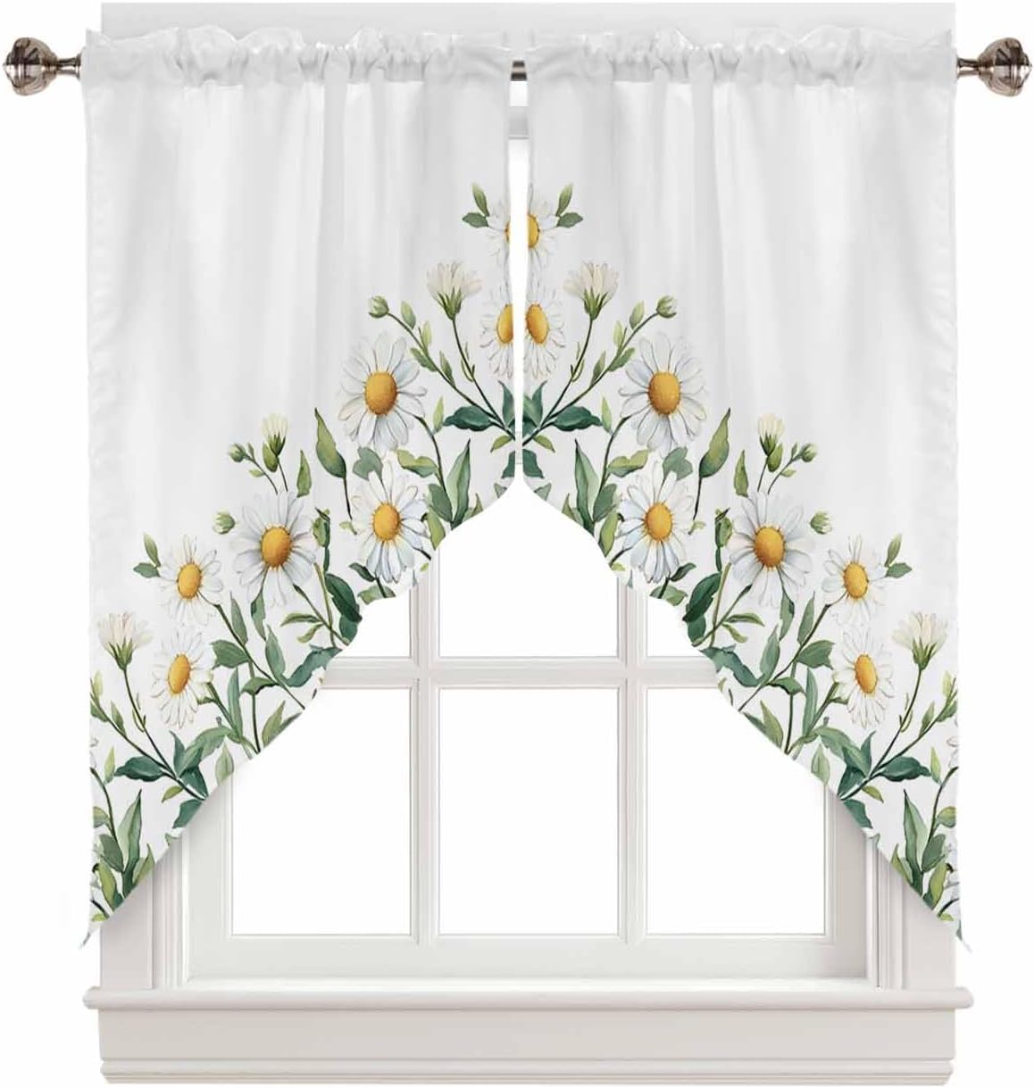 Spring White Daisy Valance Curtains Set for Kitchen and Bedroom