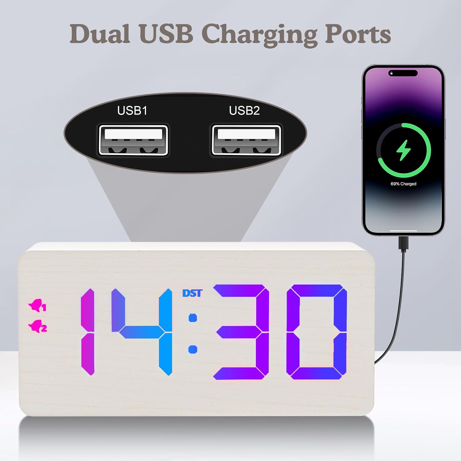 URAYCO Wooden Digital Alarm Clock with RGB Display and Fast Charging