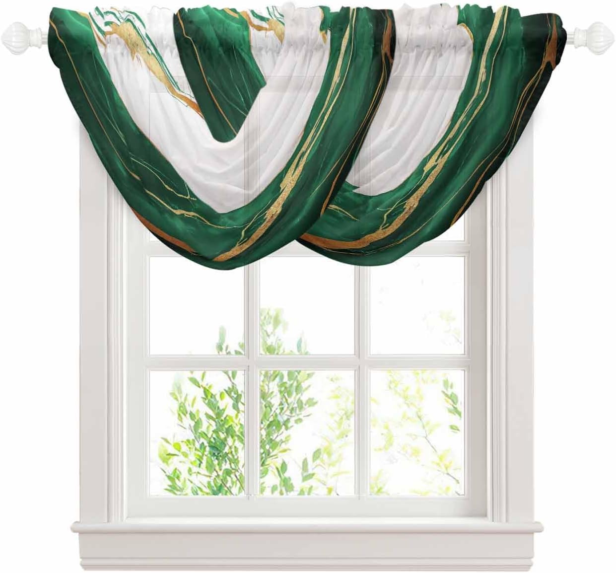Waterfall Valance Curtains 2 Panels Gold Green Marble Sheer