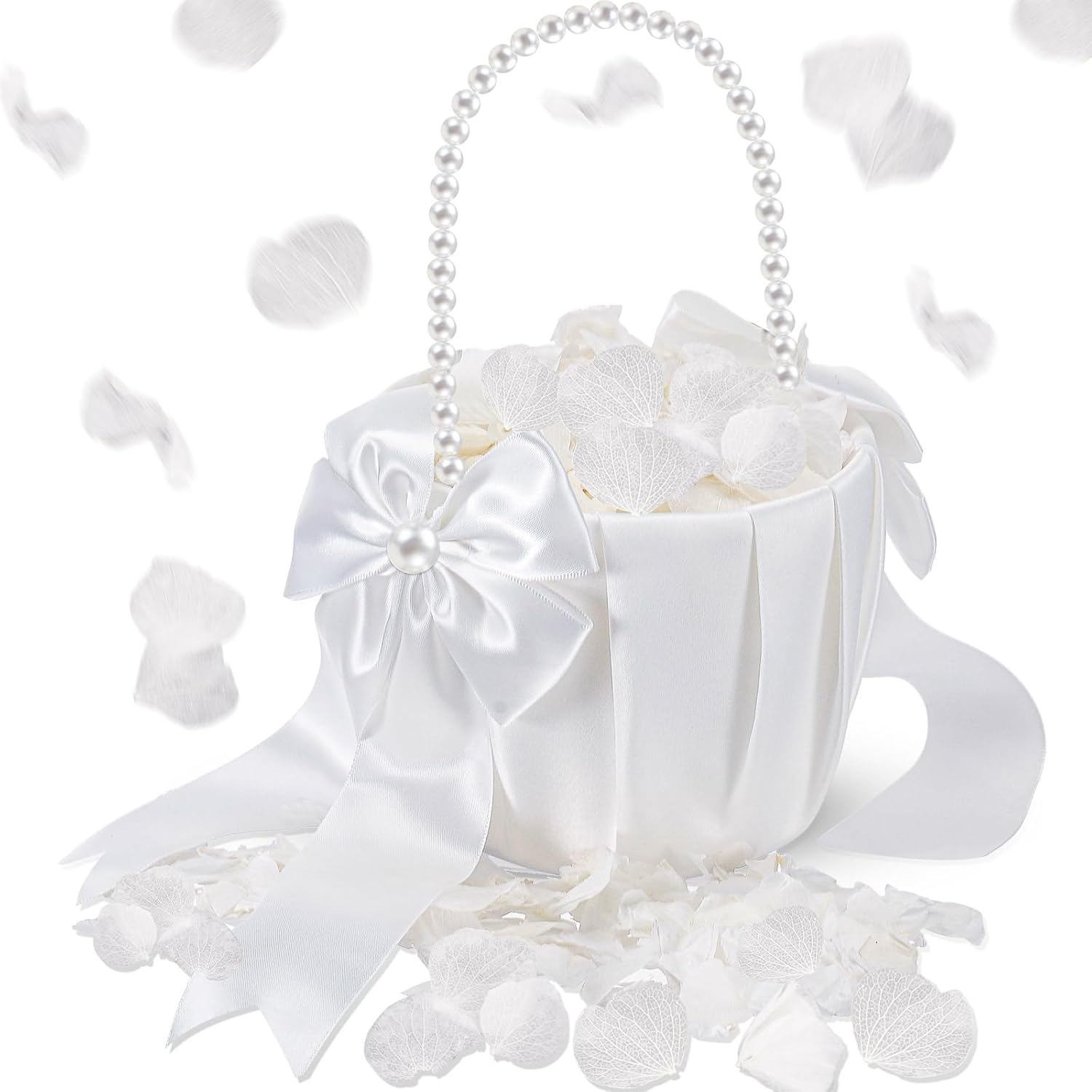 Ivory Flower Girl Basket with Pearl Handle Set