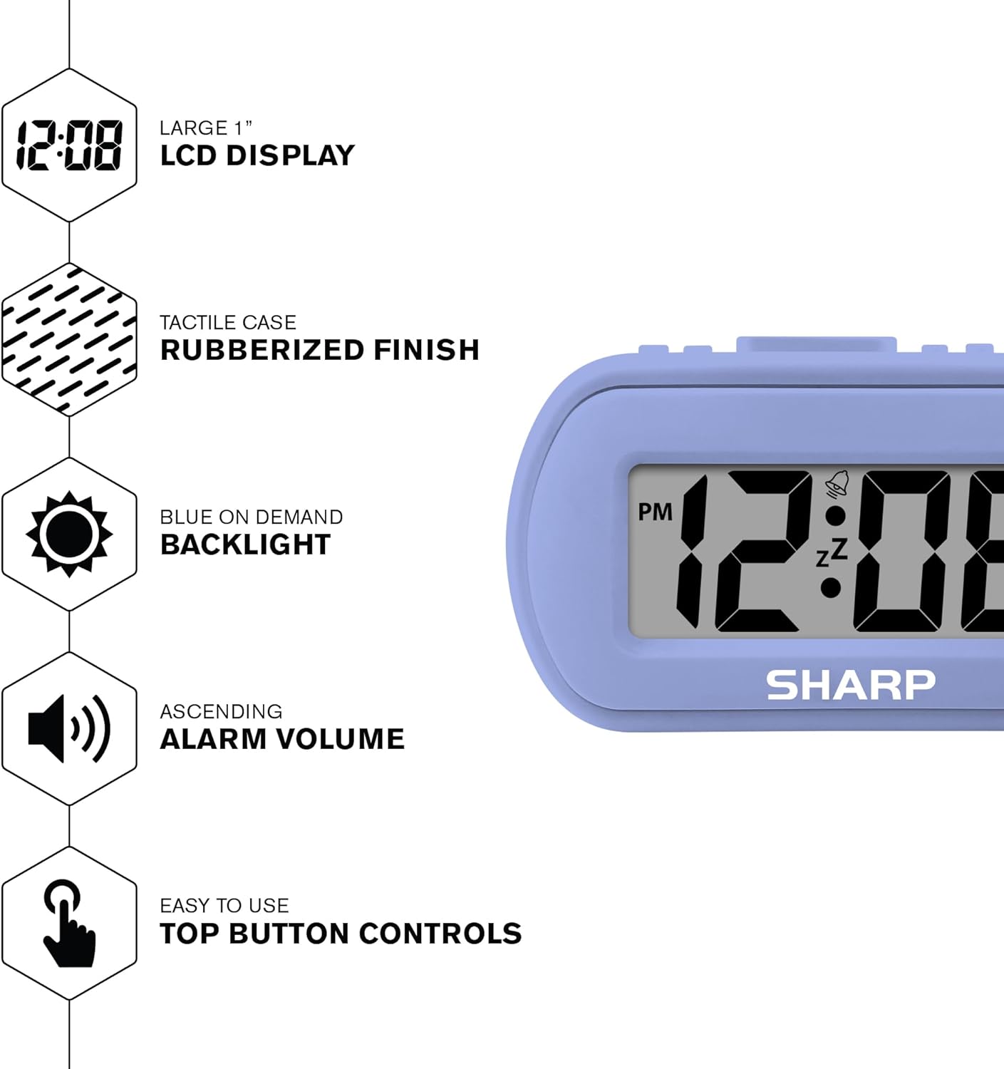 Sharp Digital Alarm Clock with Blue Backlight and Soft Tactile Finish