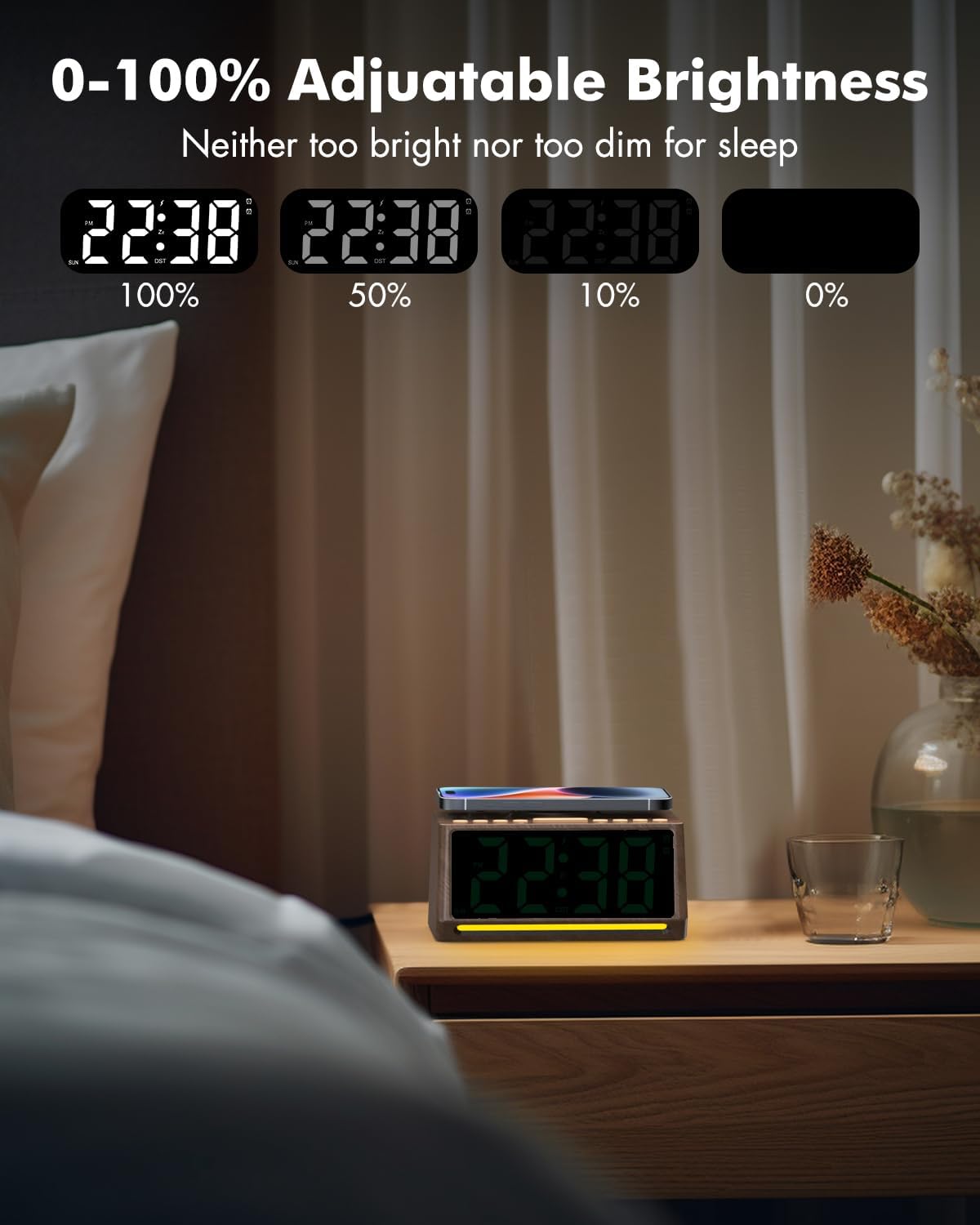 Te-Rich Retro Digital Alarm Clock with Mood Lights and Wireless Charging