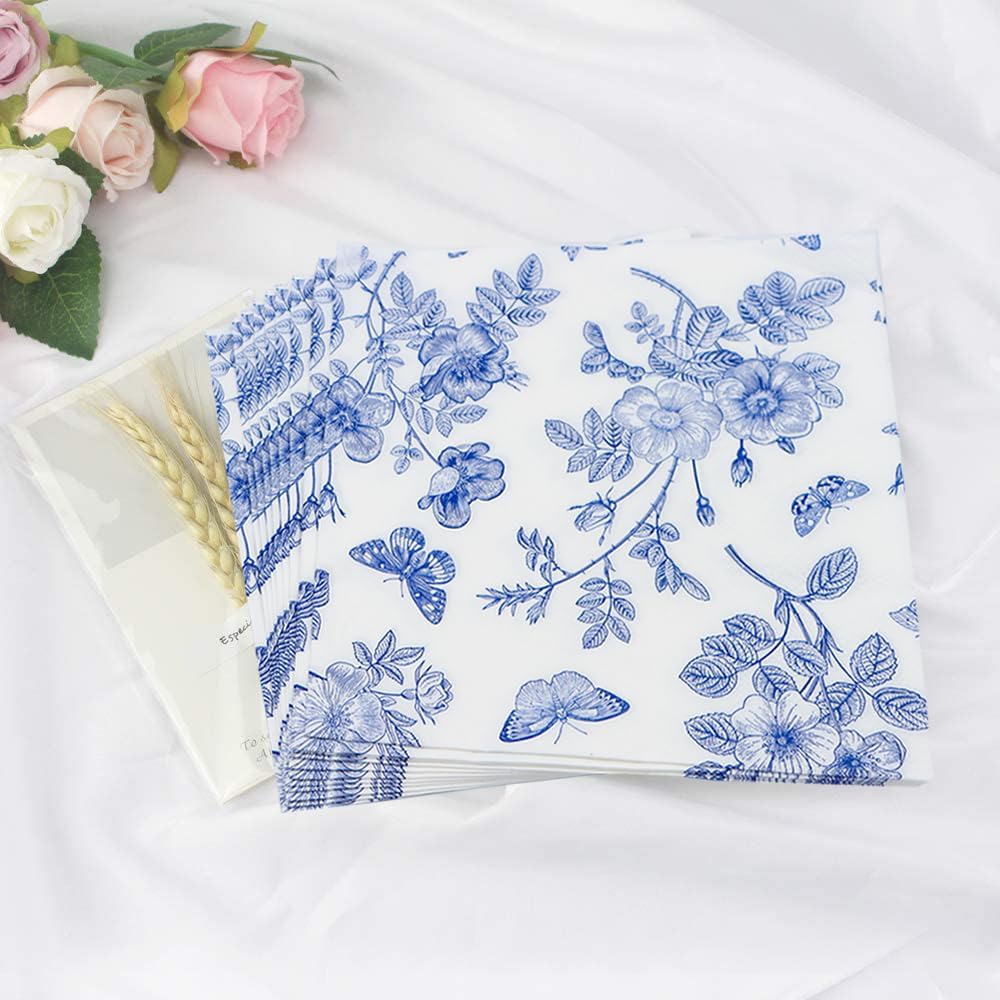 40 Pack Blue White Floral Luncheon Napkins