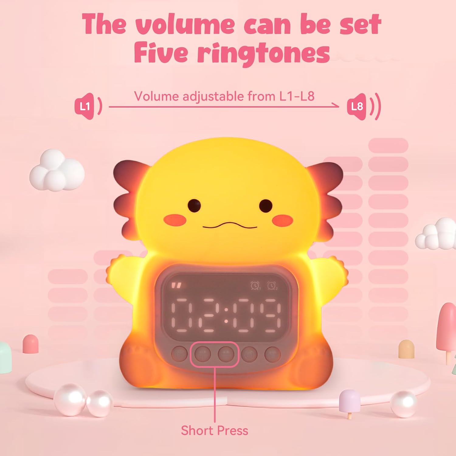 Axolotl Alarm Clock with Night Light for Kids