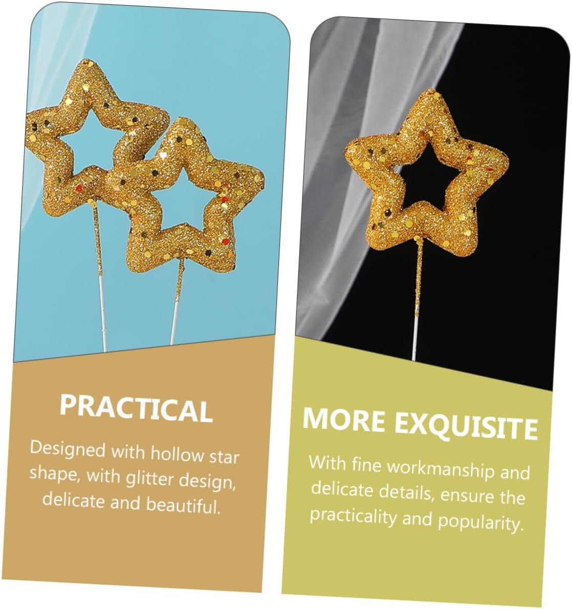 10Pcs Star Cake Topper Glitter Decor for Birthday Cupcakes