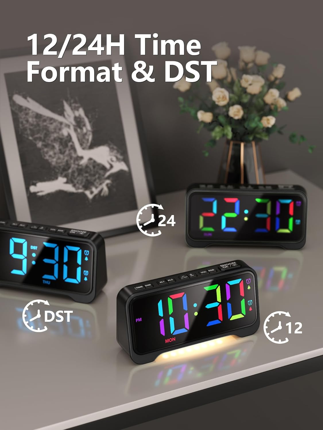 Mesqool Super Loud Alarm Clock with RGB Display and Night Light - Black