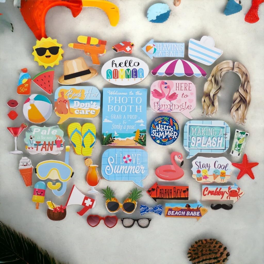 Summer Photo Booth Props - 41 Pieces with Signs Pads Sticks