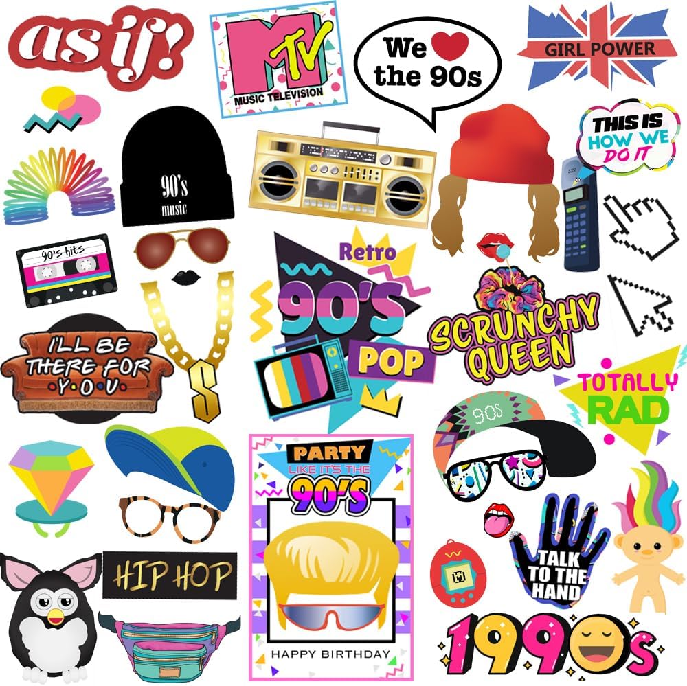 Tvorvik 90s Photo Booth Props 39pcs Hip Hop Decorations