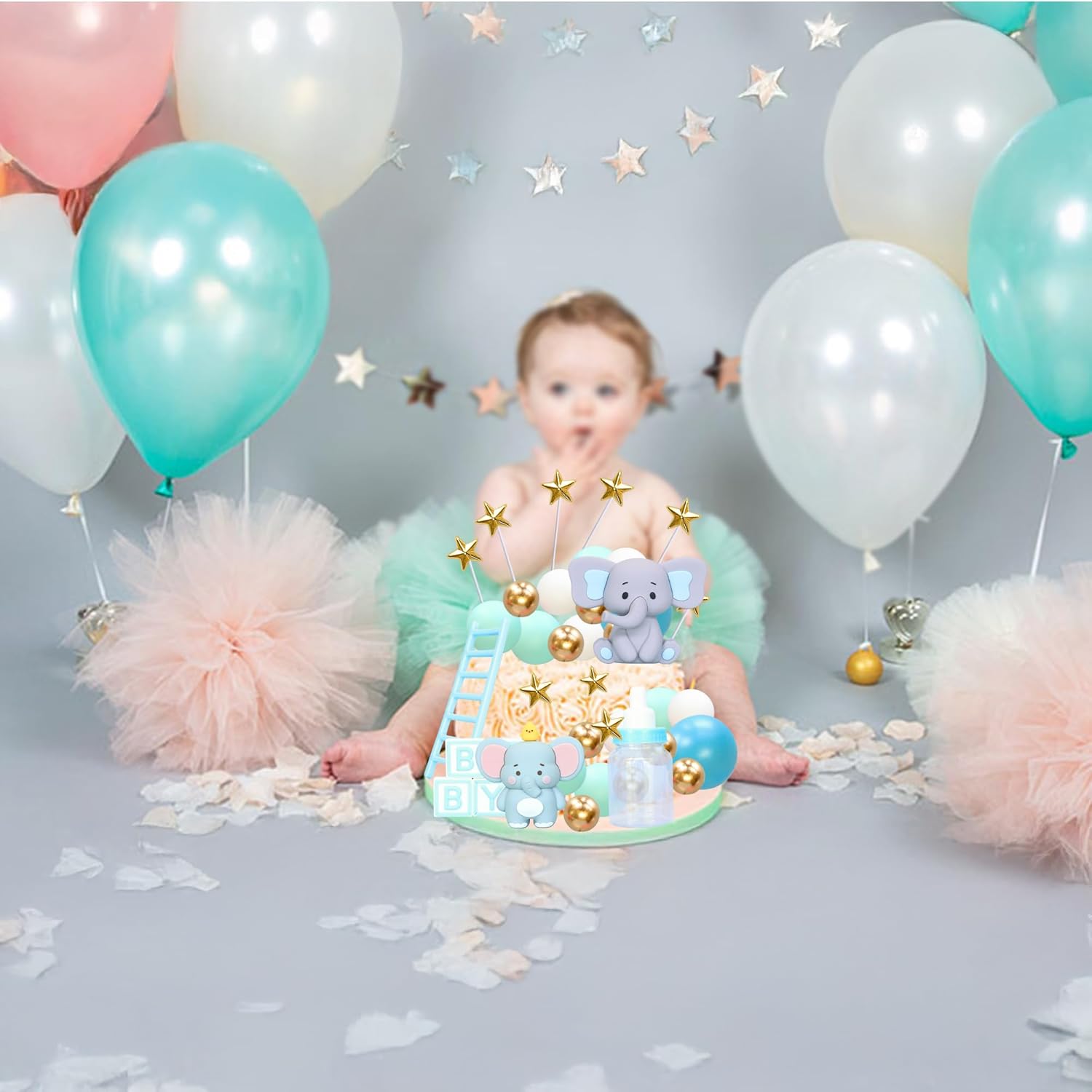 Gyufise 33Pcs Baby Elephant Cake Topper 3D Decorations