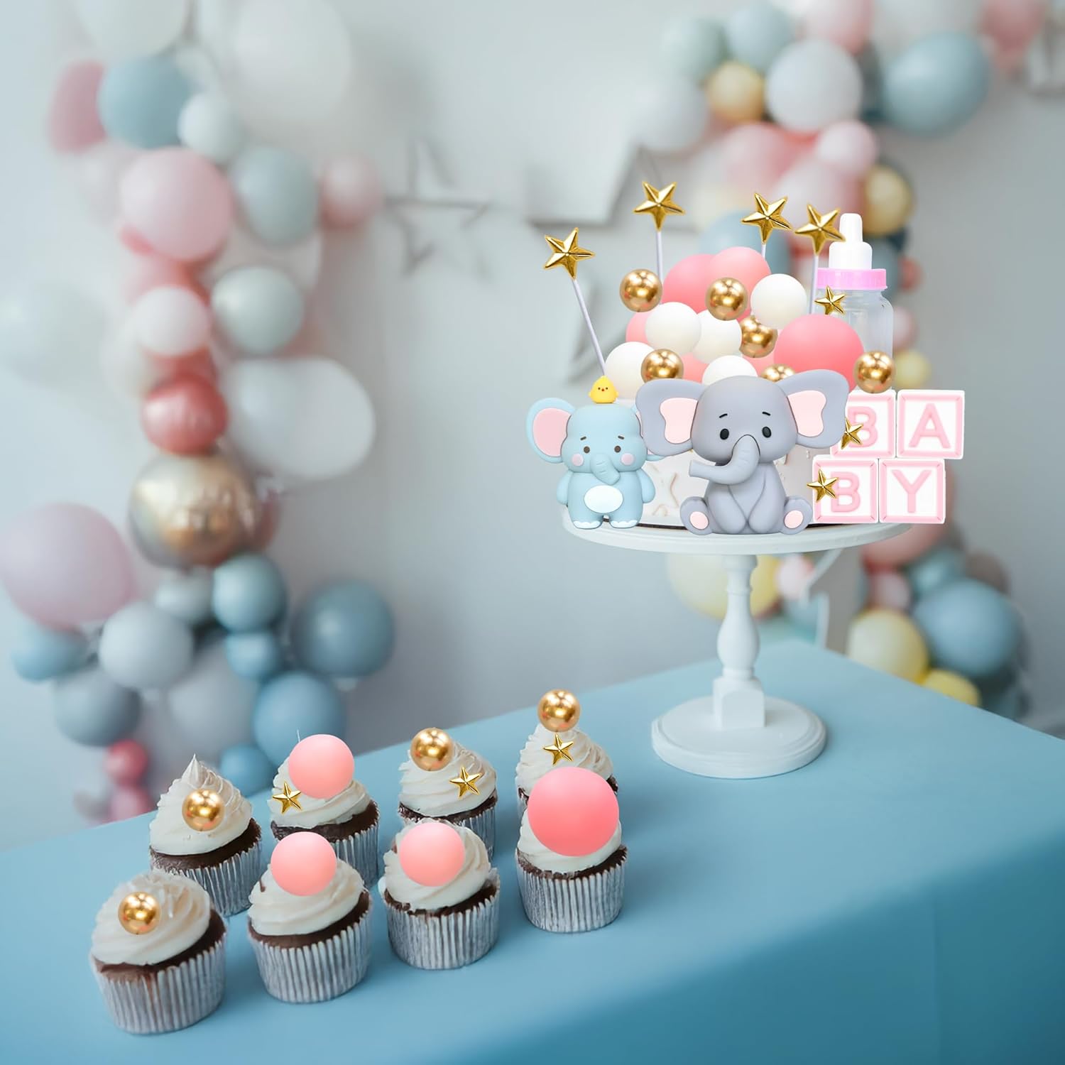 Gyufise 33Pcs 3D Elephant Cake Toppers Pink