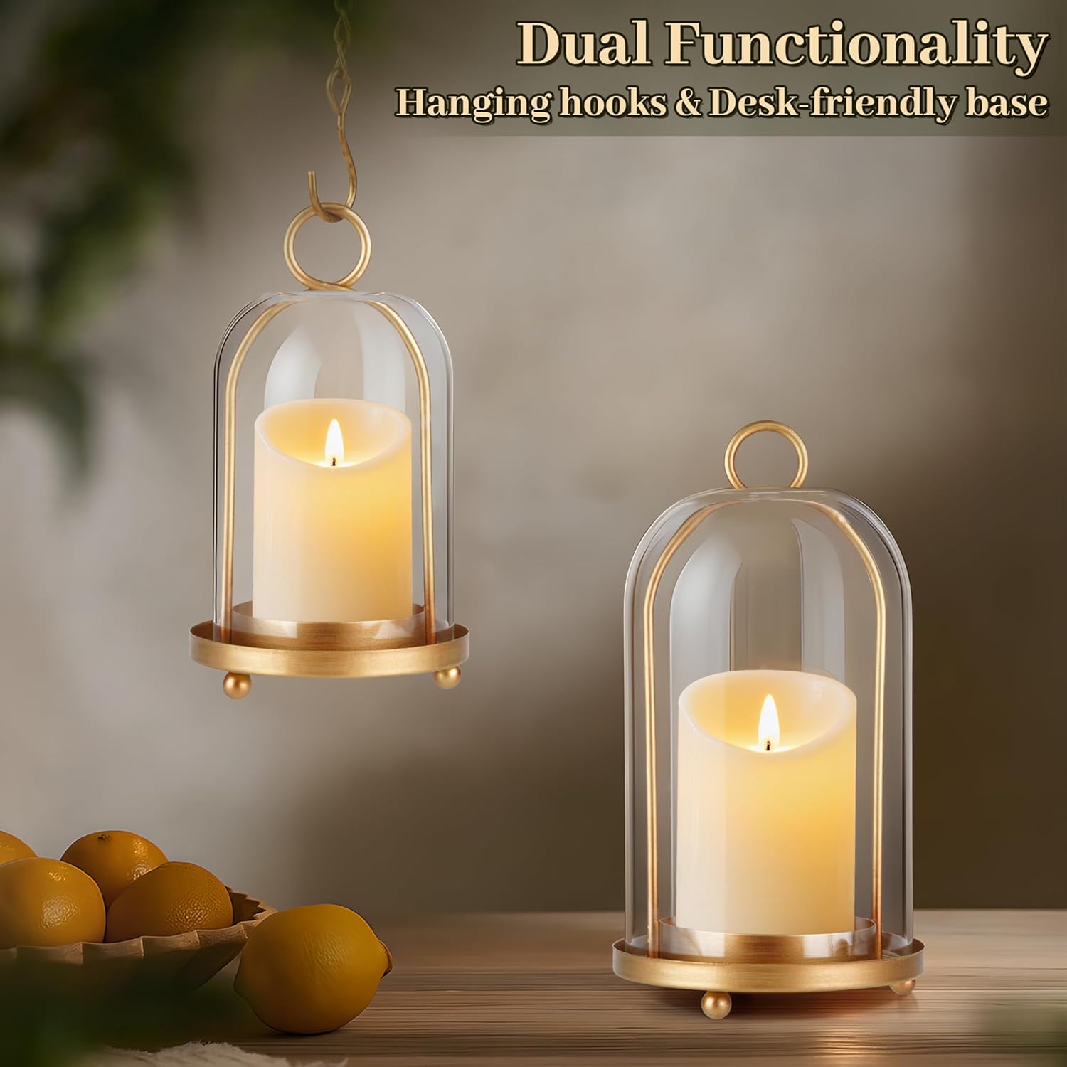 Glass Hurricane Candle Holder Set of 2 with Antique Brass Finish