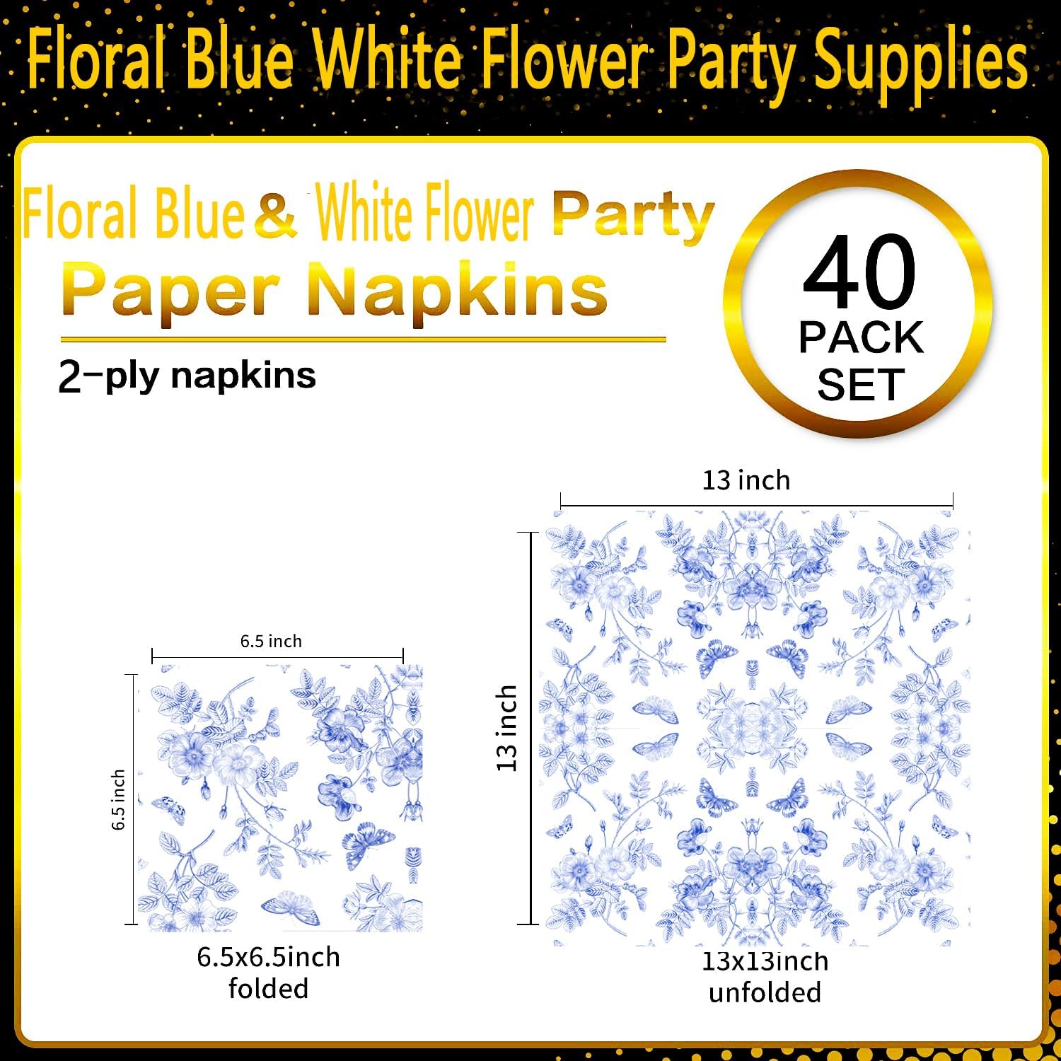 40 Pack Blue White Floral Luncheon Napkins