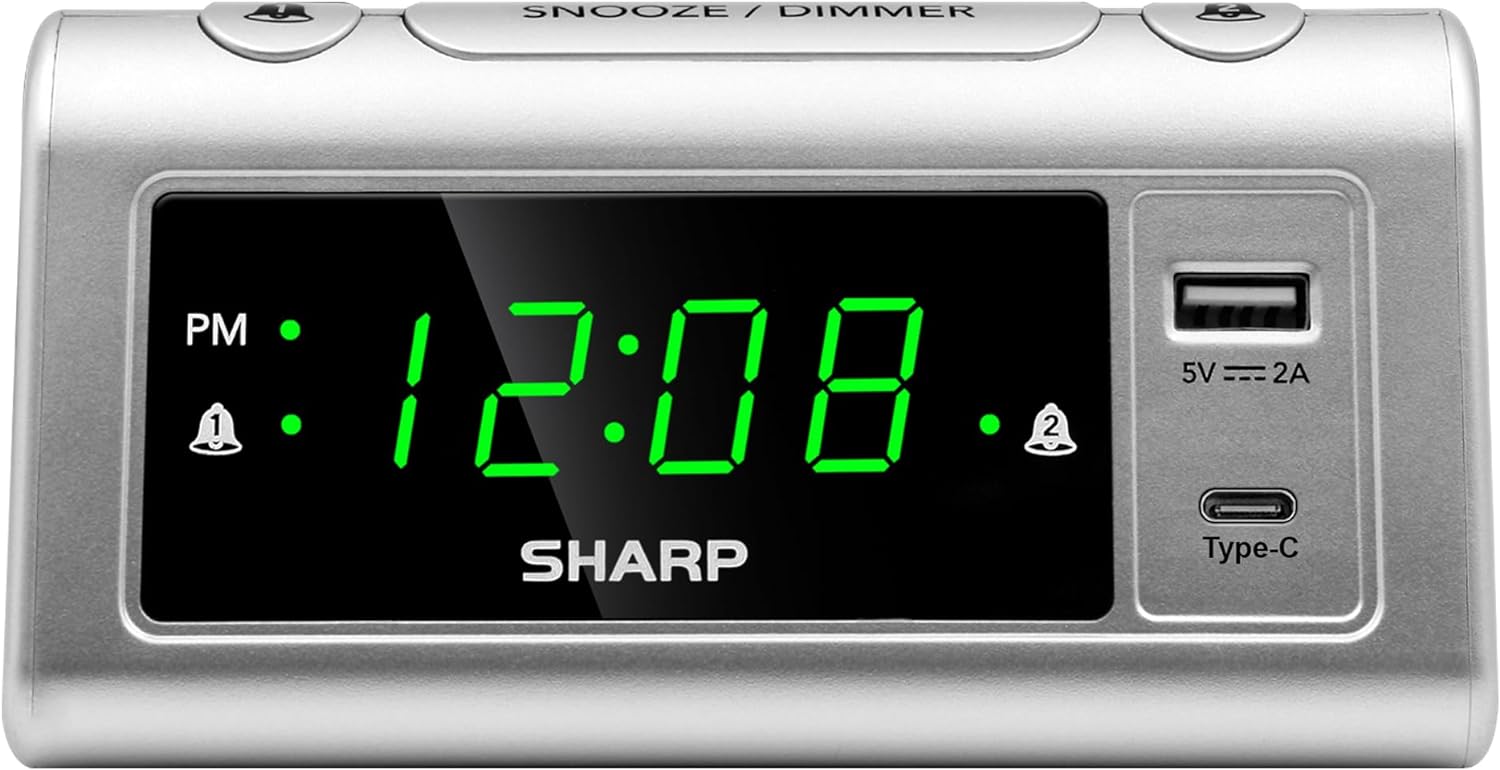 Sharp Alarm Clock with 2 Alarms and USB-C Charging