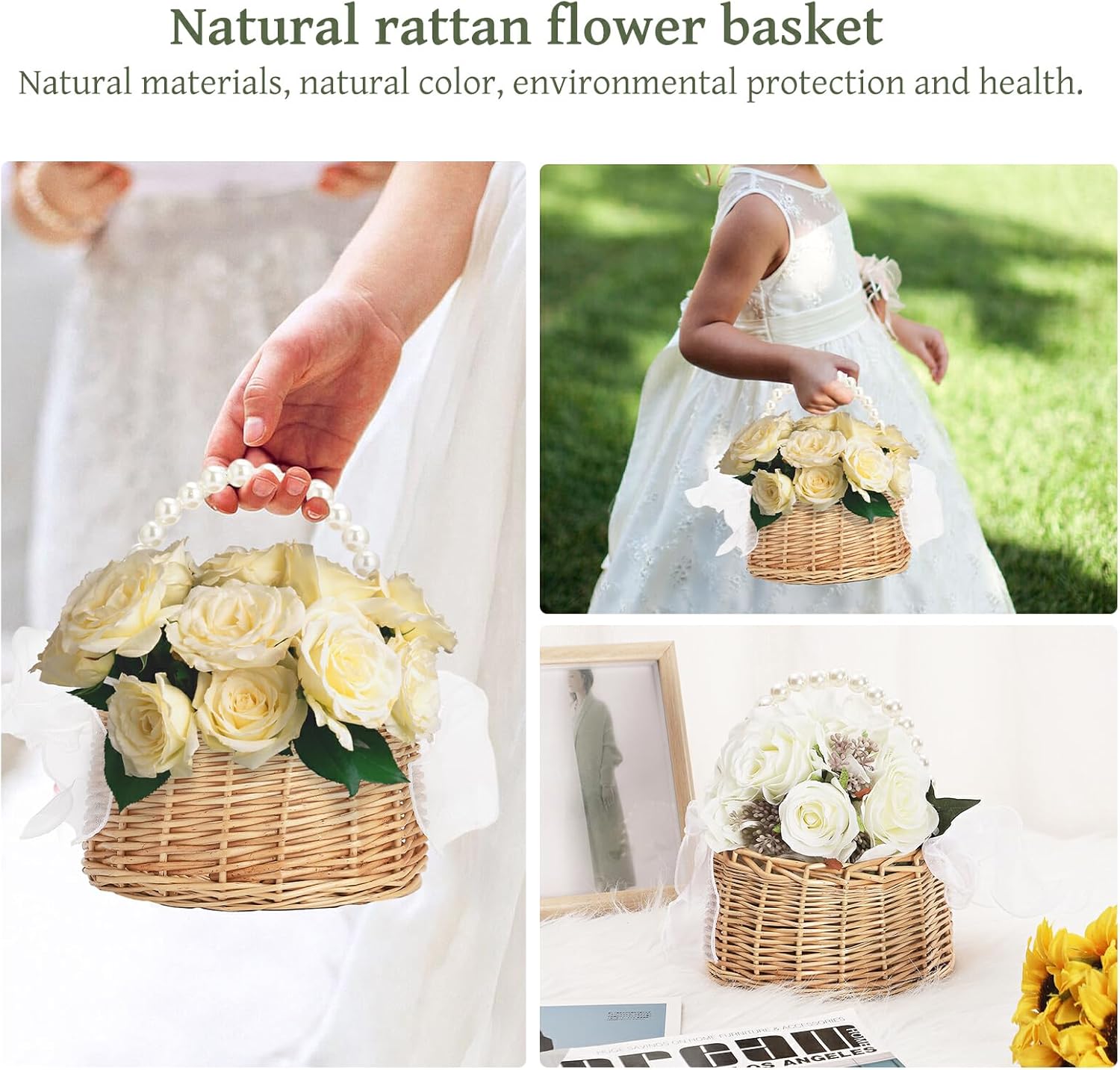 Wicker Rattan Flower Girl Basket with Pearl Handle