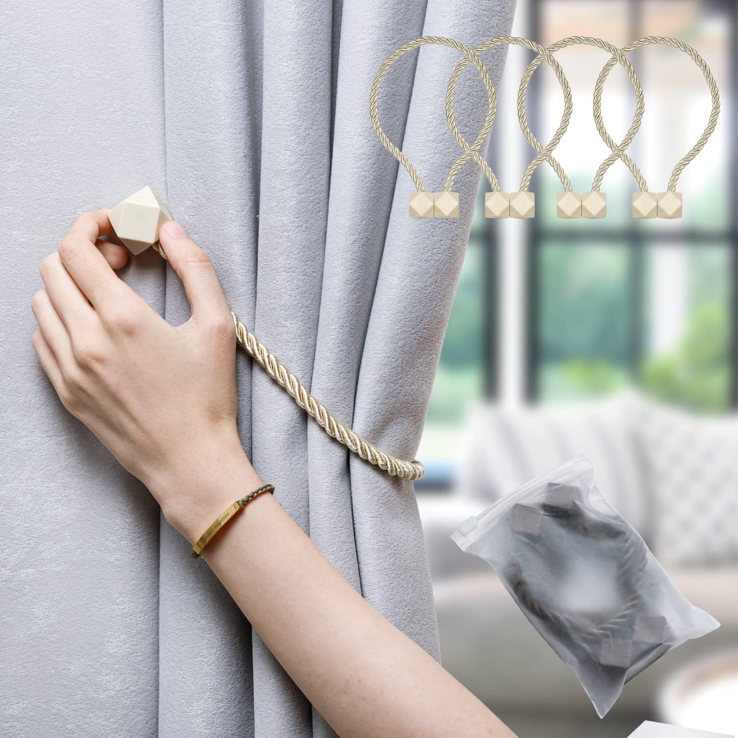 Magnetic Curtain Tiebacks - Upgraded 2022 with Thicker Twist Rope and Strong Durable Magnets