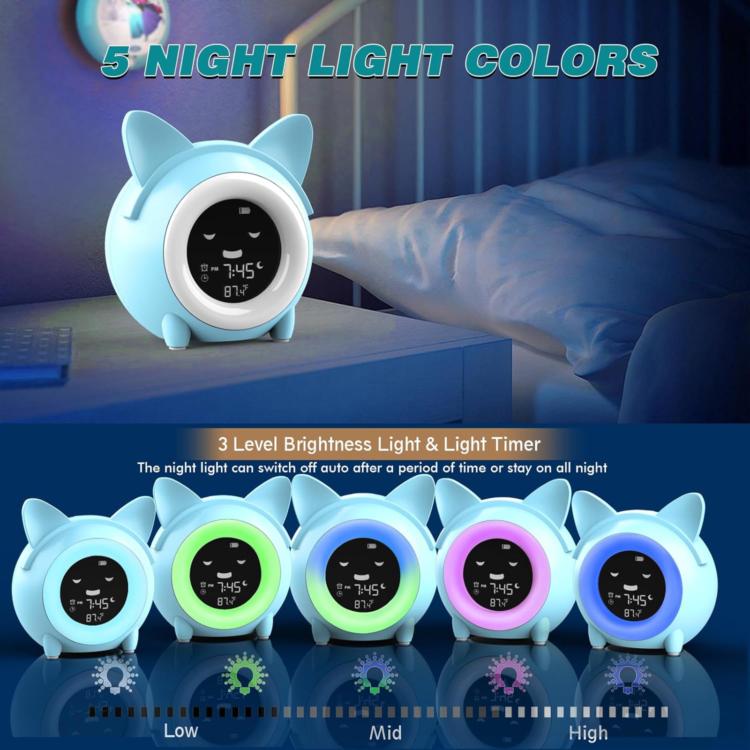 Yariaii Kids Alarm Clock with Night Light and Sleep Sounds