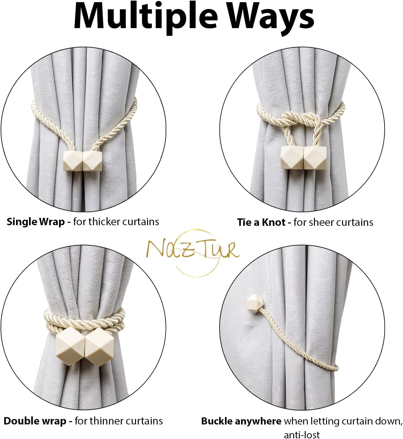 Magnetic Curtain Tiebacks - Upgraded 2022 with Thicker Twist Rope and Strong Durable Magnets