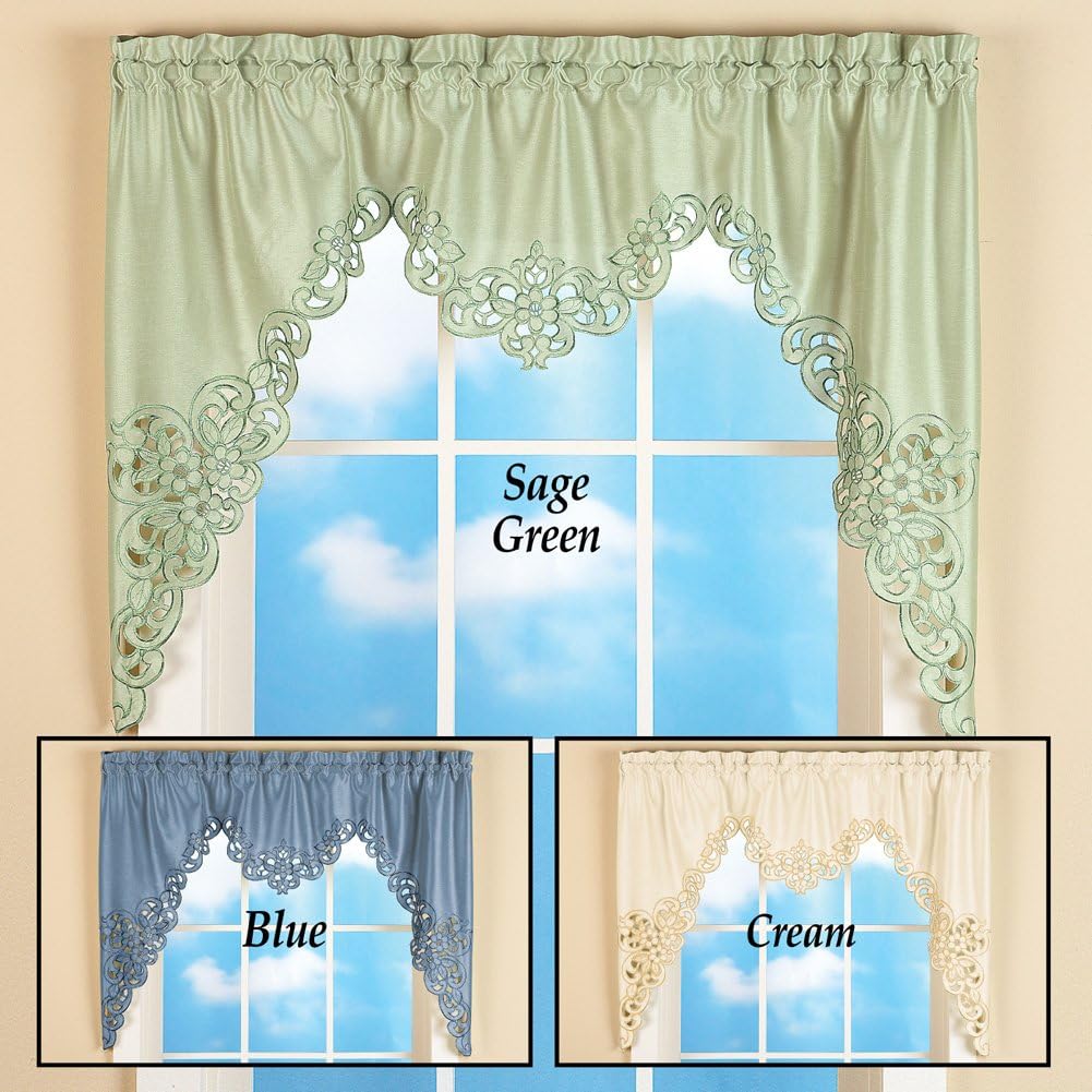 Collections Etc Scallop Cut Out Embroidered Valance with Rod Pocket Sage Green 58x36
