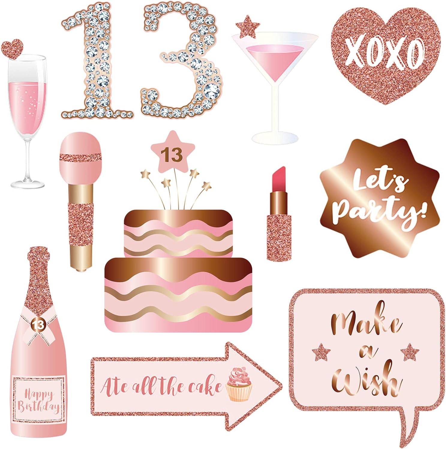 Rose Gold 13th Birthday Photo Booth Props Kit