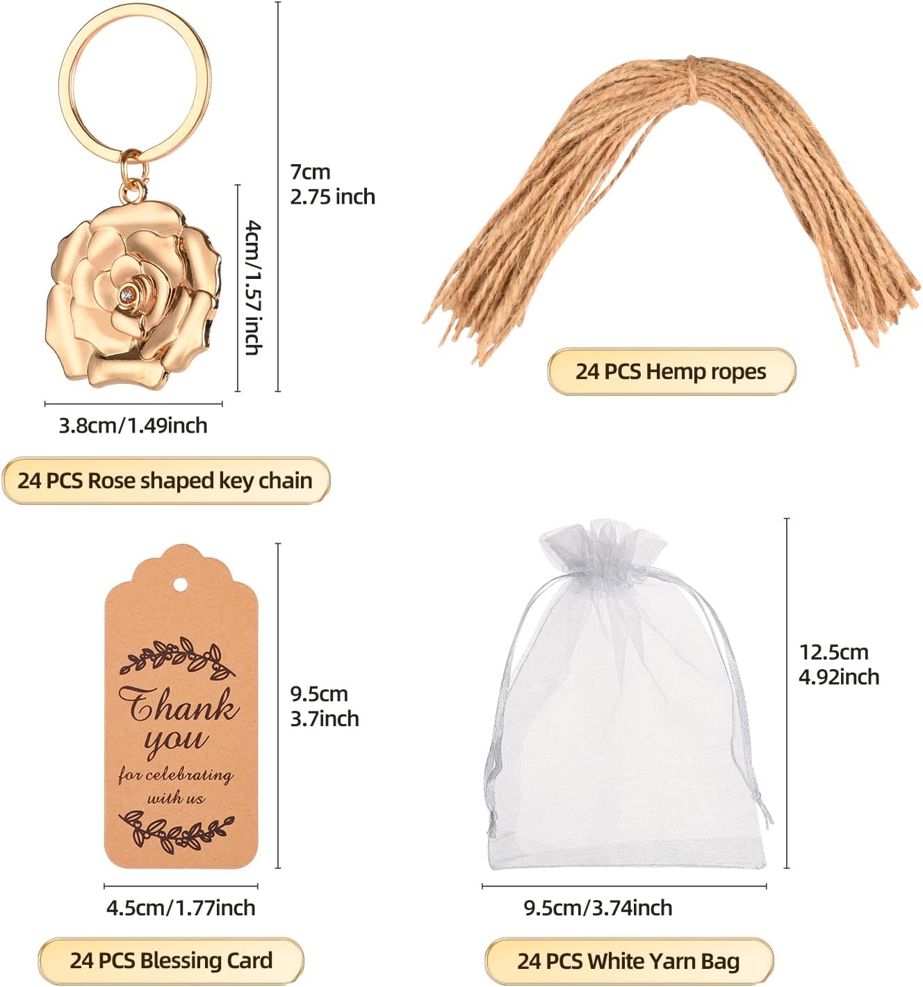 24 Gold Rose Keychains for Wedding Party Favors