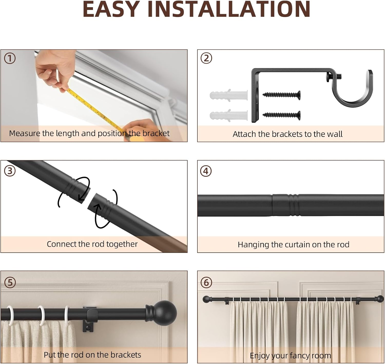 Black Curtain Rods 28-48 Inch 3 Section Set with Brackets