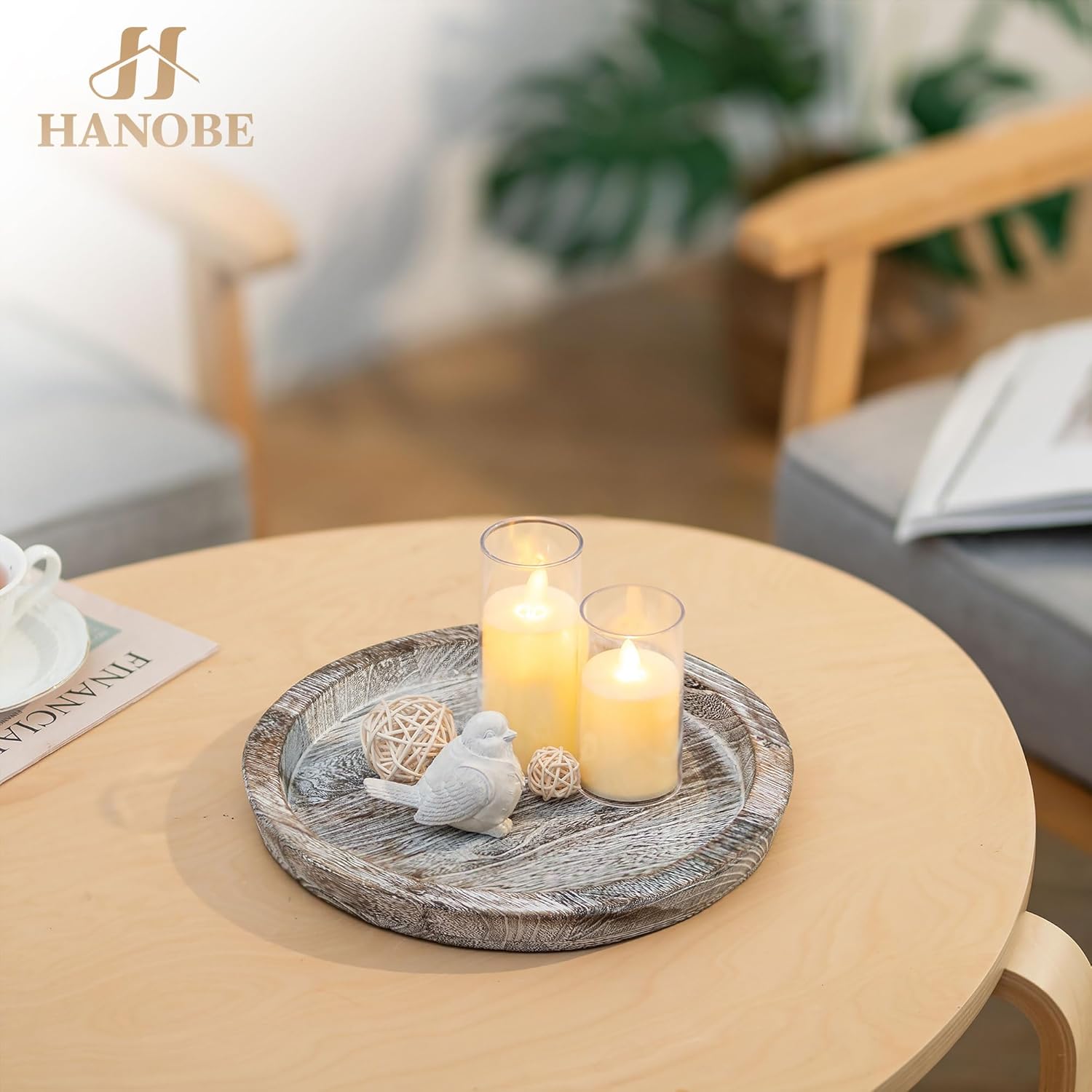 Hanobe Round Wooden Candle Holder Tray for Home Decor