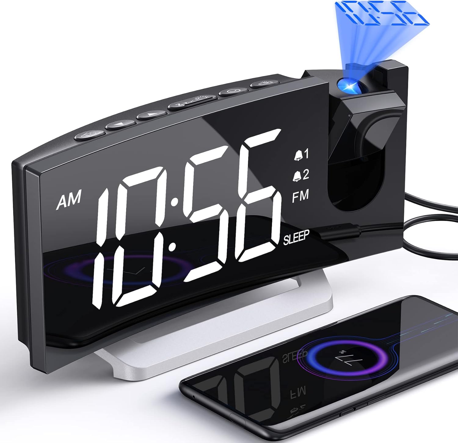 Uptimus Projection Alarm Clock with FM Radio and USB Charging