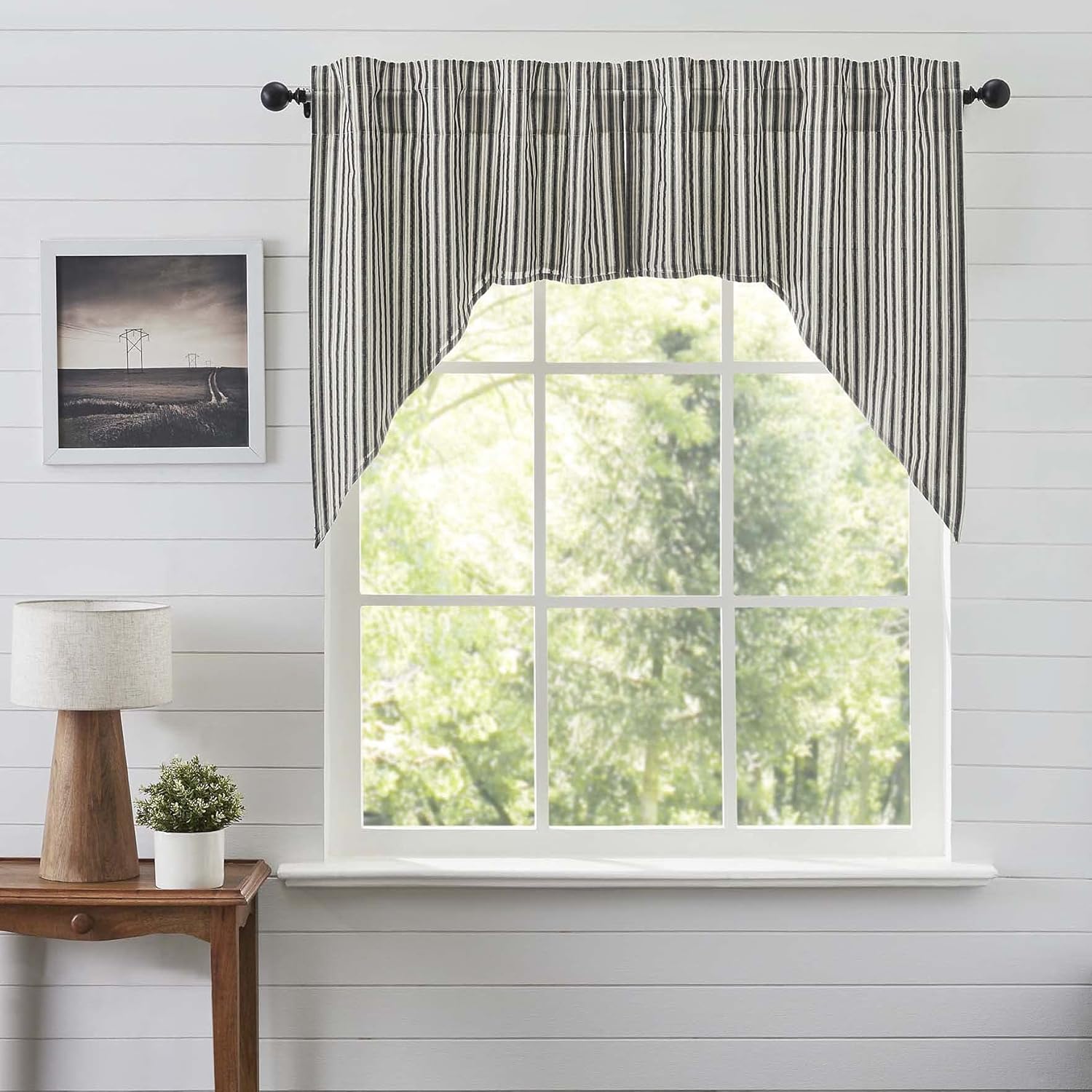 VHC Brands Ashmont Grey Ticking Stripe Swag Curtain Set