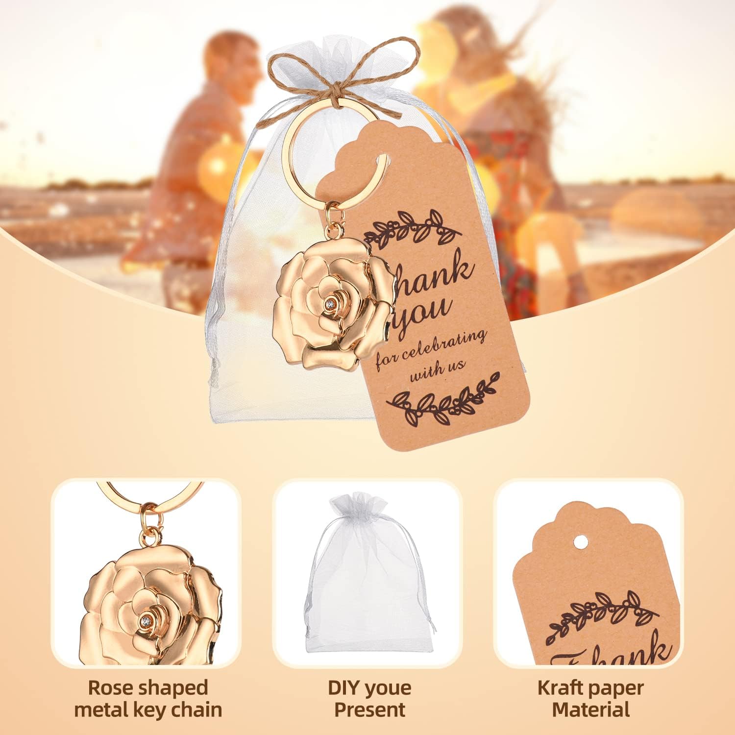 24 Gold Rose Keychains for Wedding Party Favors