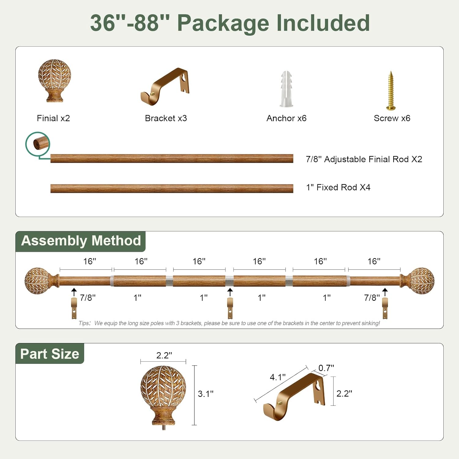 Boho Style Wood Grain Curtain Rod Set 36-88 Inches Natural Wood